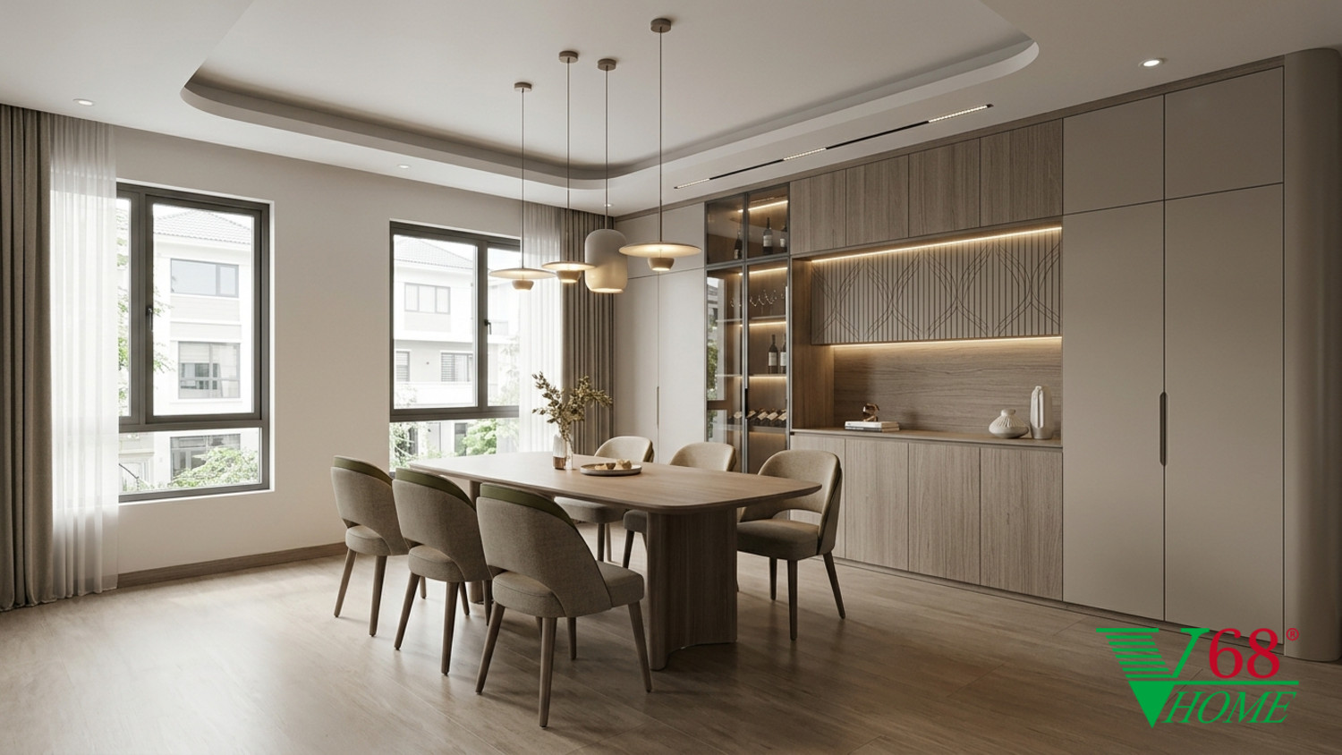 Phòng ăn Hiện đại ấm áp gỗ hoàn thiện mờ, đá, vải dệt, da và kính V68 Home