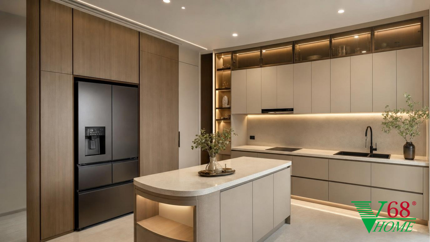 Phòng bếp Hiện đại nội thất nhà phố hiện đại 2026 WARM CONTEMPORARY MODERN: high-quality An Cuong engineered-wood surfaces in super-matte phối cảnh 3D V68 Home