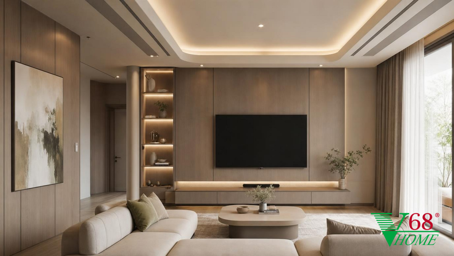 Phòng khách Hiện đại nội thất nhà phố hiện đại 2026 WARM CONTEMPORARY MODERN: high-quality An Cuong engineered-wood surfaces in super-matte phối cảnh 3D V68 Home