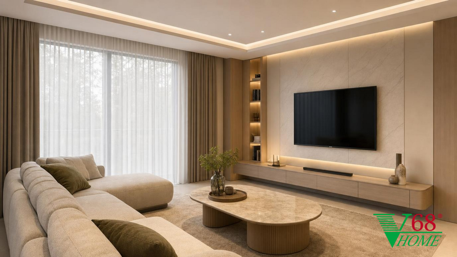 Phòng khách Hiện đại nội thất nhà phố hiện đại gỗ công nghiệp cao cấp bề mặt mờ, đá tự nhiên, da hoặc vải dệt, kính trà và kim loại màu champagne phối cảnh 3D V68 Home