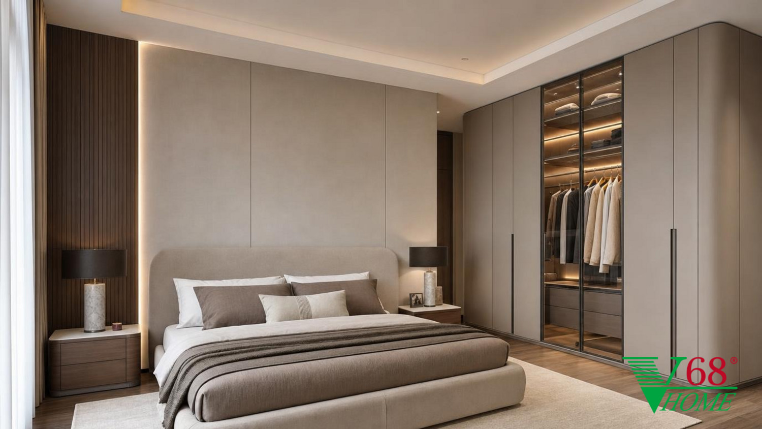 Phòng ngủ 1 Hiện đại nội thất nhà phố hiện đại 2026 WARM CONTEMPORARY MODERN: high-quality An Cuong engineered-wood surfaces in super-matte phối cảnh 3D V68 Home