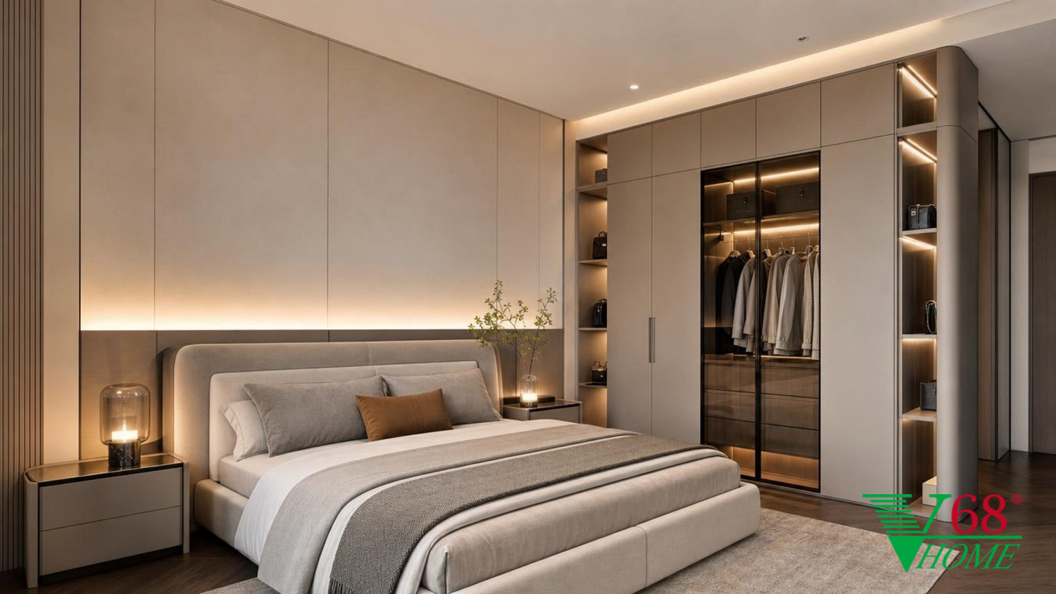 Phòng ngủ 1 Hiện đại nội thất nhà phố hiện đại gỗ công nghiệp cao cấp bề mặt mờ, đá tự nhiên, da hoặc vải dệt, kính trà và kim loại màu champagne phối cảnh 3D V68 Home