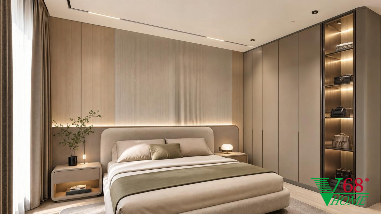 Phòng ngủ 1 Hiện đại ấm áp gỗ hoàn thiện mờ, đá, vải dệt, da và kính V68 Home