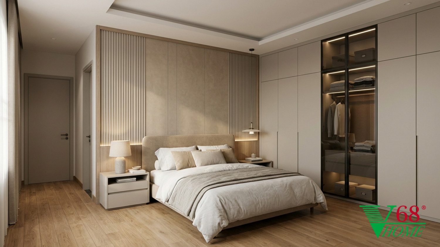 Phòng ngủ 1 Hiện đại ấm áp gỗ hoàn thiện mờ, đá, vải dệt, da và kính V68 Home