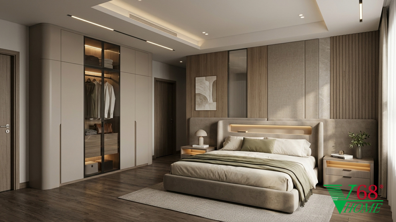Phòng ngủ 1 Hiện đại ấm áp gỗ hoàn thiện mờ, đá, vải dệt, da và kính V68 Home