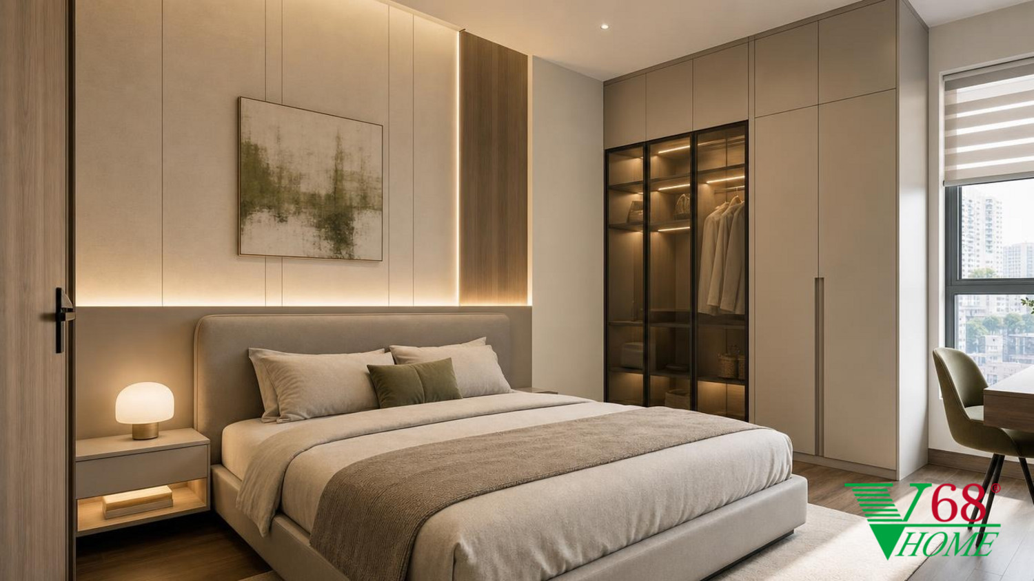 Phòng ngủ 2 Hiện đại nội thất nhà phố hiện đại 2026 WARM CONTEMPORARY MODERN: high-quality An Cuong engineered-wood surfaces in super-matte phối cảnh 3D V68 Home