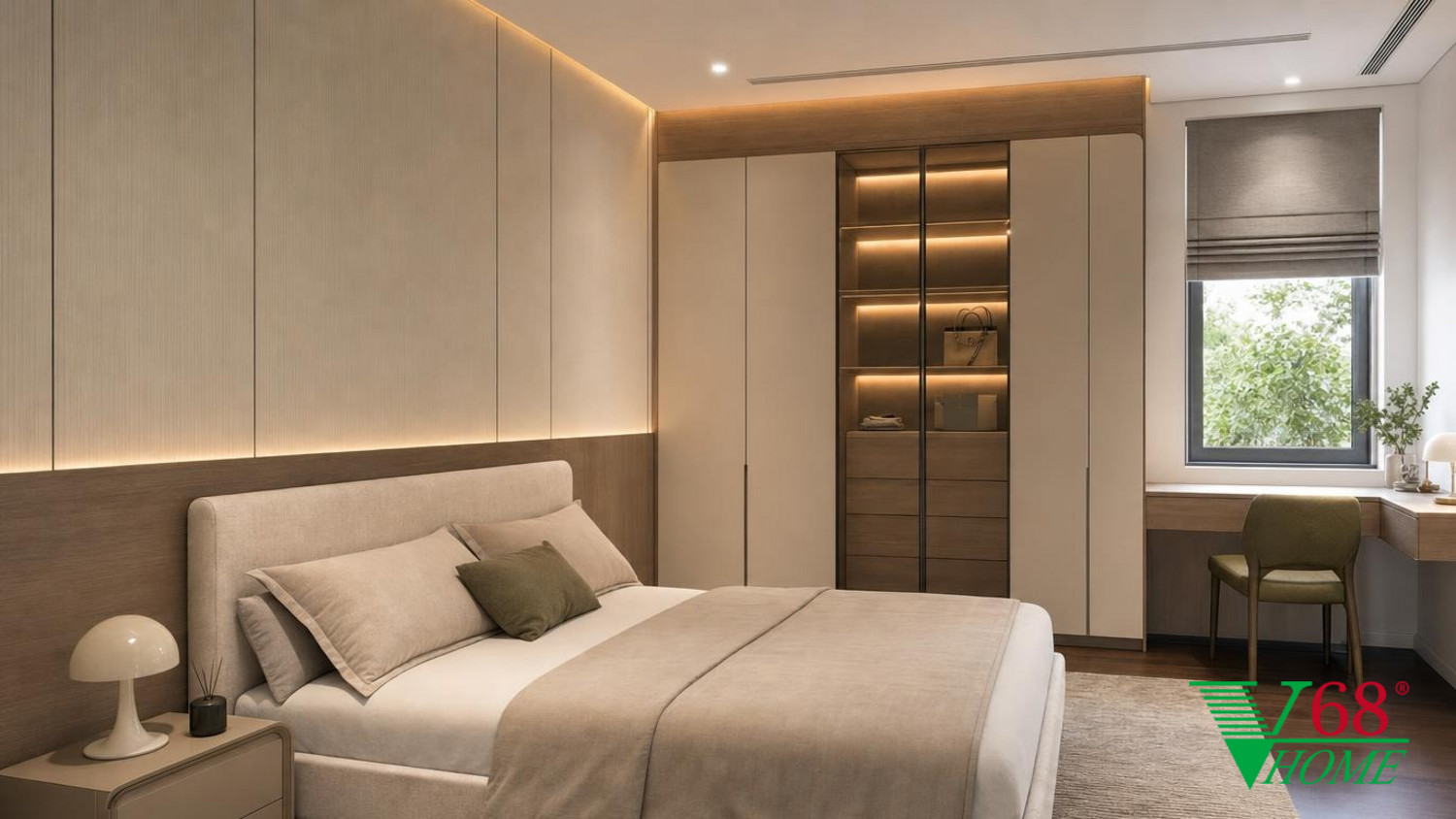 Phòng ngủ 2 Hiện đại nội thất nhà phố hiện đại gỗ công nghiệp cao cấp bề mặt mờ, đá tự nhiên, da hoặc vải dệt, kính trà và kim loại màu champagne phối cảnh 3D V68 Home