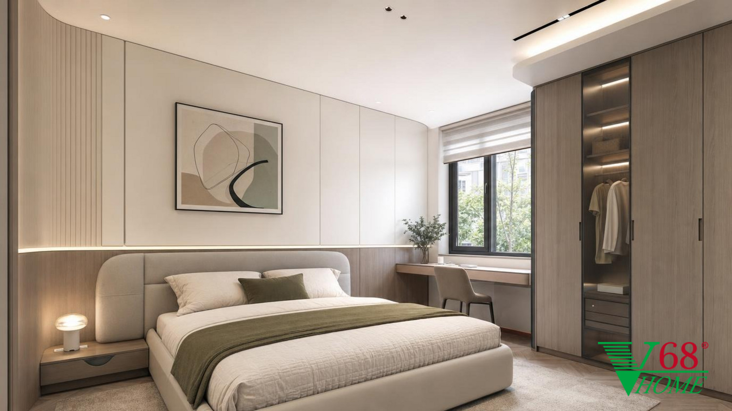 Phòng ngủ 2 Hiện đại ấm áp gỗ hoàn thiện mờ, đá, vải dệt, da và kính V68 Home