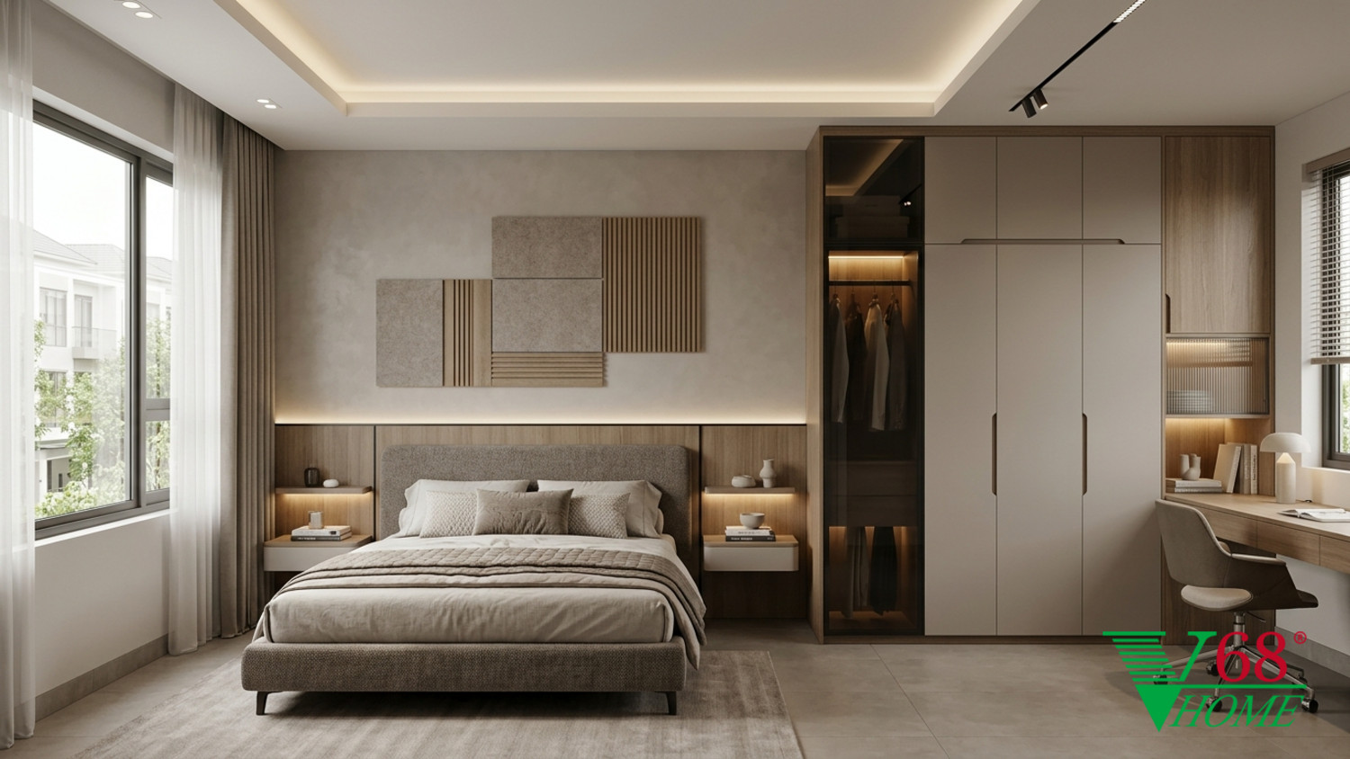 Phòng ngủ 2 Hiện đại ấm áp gỗ hoàn thiện mờ, đá, vải dệt, da và kính V68 Home