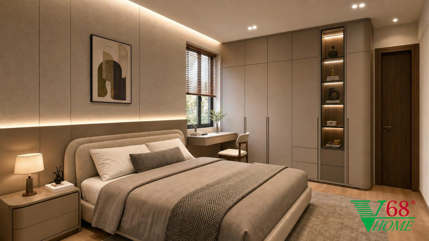 Phòng ngủ 3 Hiện đại nội thất nhà phố hiện đại 2026 WARM CONTEMPORARY MODERN: high-quality An Cuong engineered-wood surfaces in super-matte phối cảnh 3D V68 Home