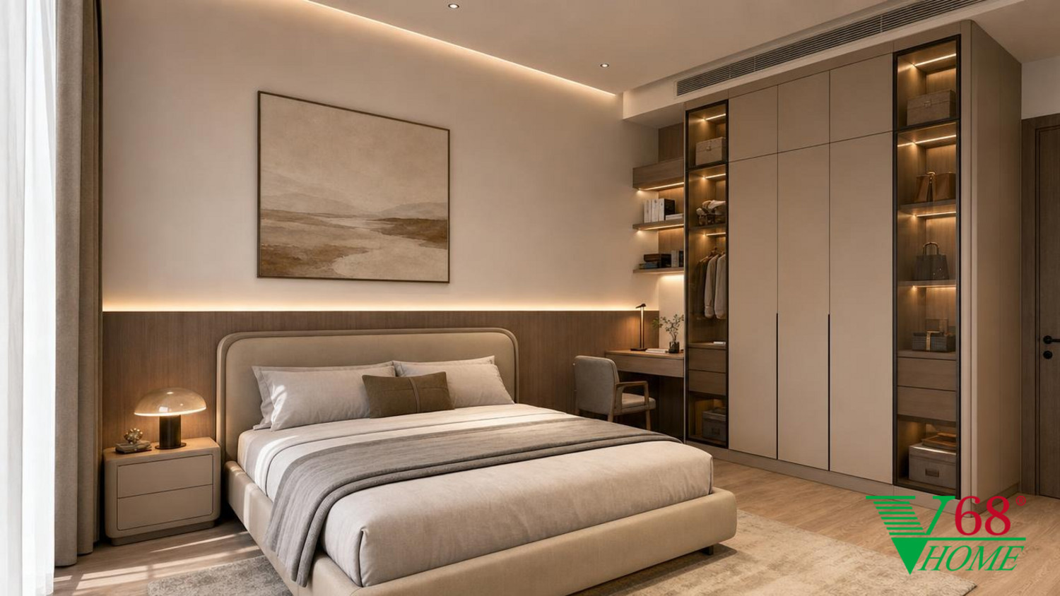 Phòng ngủ 3 Hiện đại nội thất nhà phố hiện đại gỗ công nghiệp cao cấp bề mặt mờ, đá tự nhiên, da hoặc vải dệt, kính trà và kim loại màu champagne phối cảnh 3D V68 Home