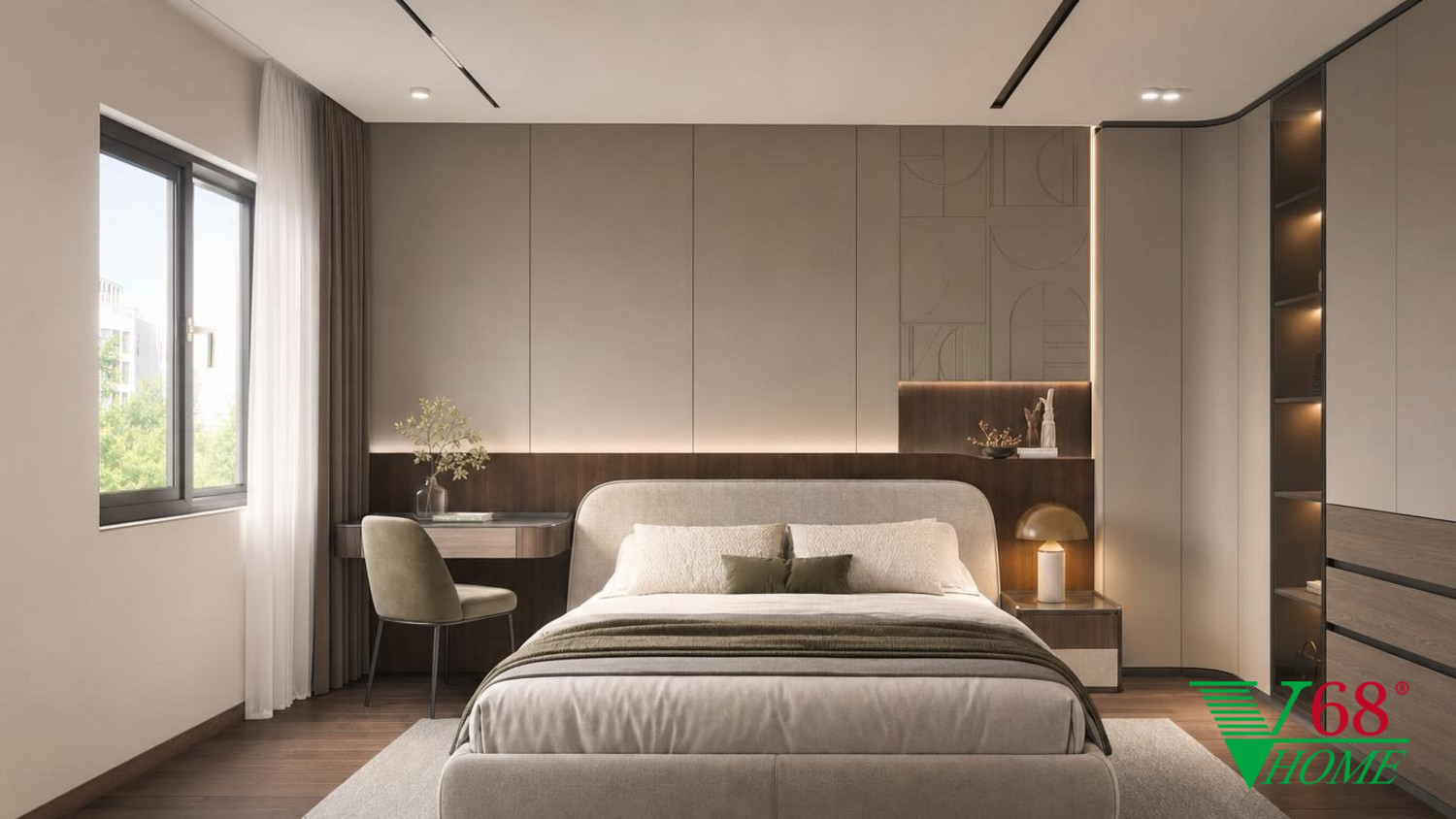 Phòng ngủ 3 Hiện đại ấm áp gỗ hoàn thiện mờ, đá, vải dệt, da và kính V68 Home