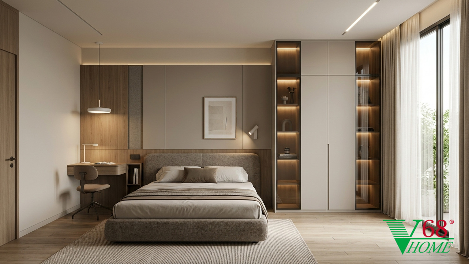 Phòng ngủ 3 Hiện đại ấm áp gỗ hoàn thiện mờ, đá, vải dệt, da và kính V68 Home