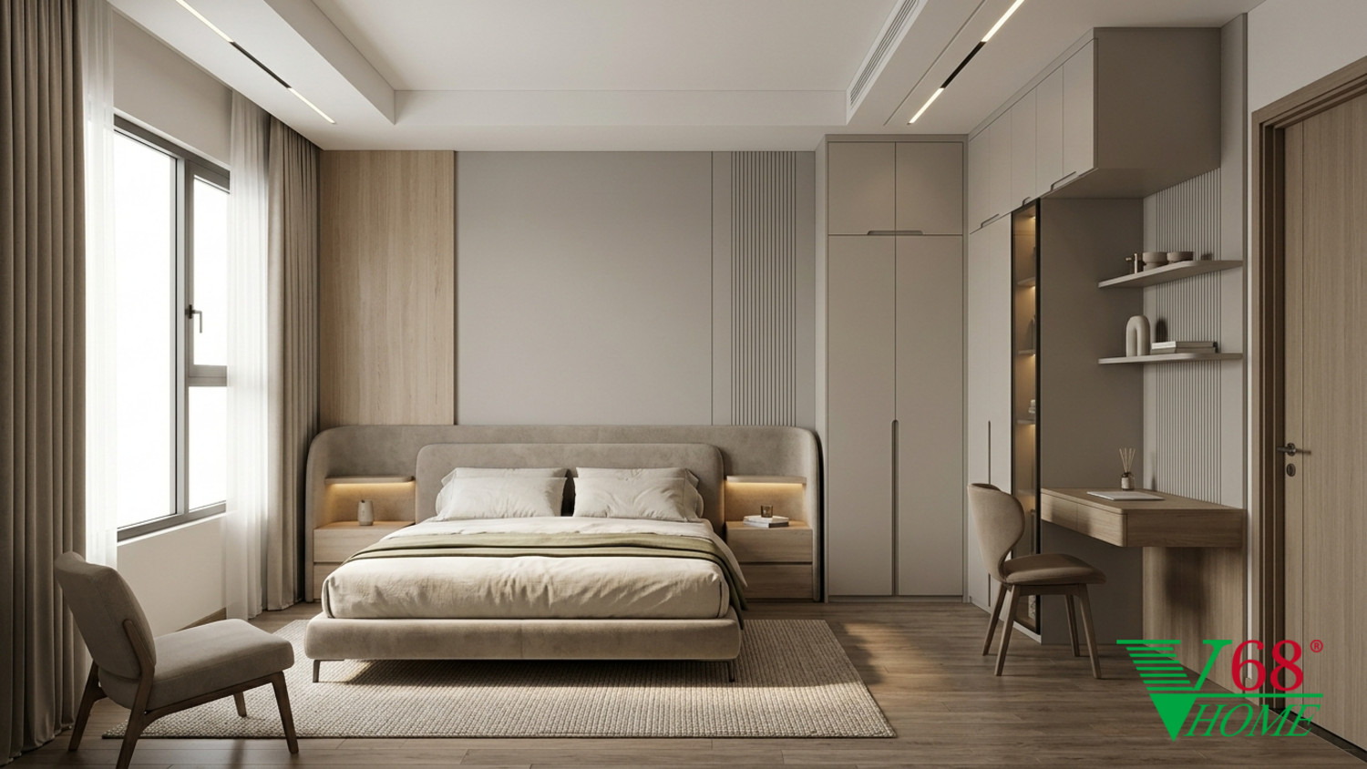 Phòng ngủ 3 Hiện đại ấm áp gỗ hoàn thiện mờ, đá, vải dệt, da và kính V68 Home
