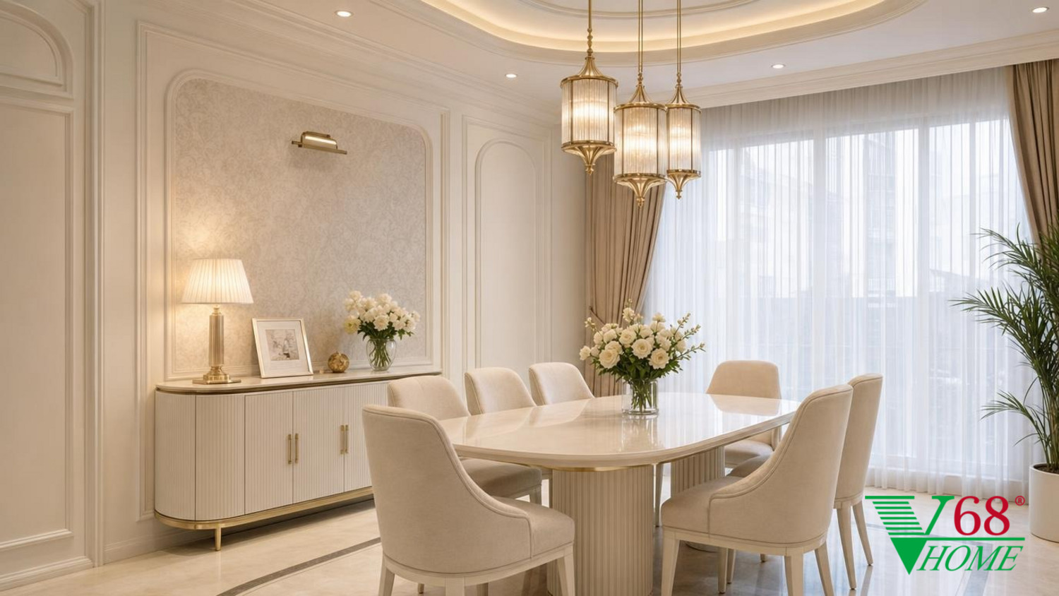 Phòng ăn Tân cổ điển nội thất tân cổ điển sơn trắng ngà, đá sáng màu bề mặt mờ, vải hoặc da tông kem và kim loại màu champagne tiết chế phối cảnh 3D V68 Home