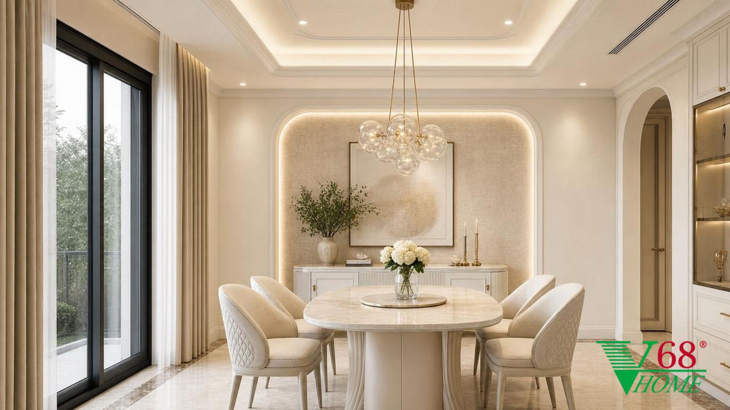 Phòng ăn Tân cổ điển tinh giản gỗ sơn hoàn thiện, đá tự nhiên, vải dệt, da và kim loại màu champagne