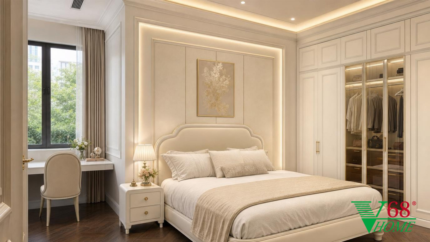 Phòng ngủ 2 Tân cổ điển nội thất tân cổ điển sơn trắng ngà, đá sáng màu bề mặt mờ, vải hoặc da tông kem và kim loại màu champagne tiết chế phối cảnh 3D V68 Home