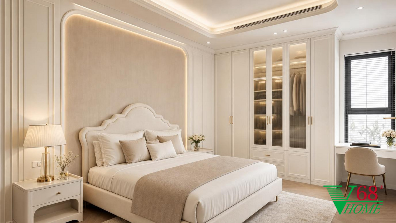 Phòng ngủ 3 Tân cổ điển nội thất tân cổ điển sơn trắng ngà, đá sáng màu bề mặt mờ, vải hoặc da tông kem và kim loại màu champagne tiết chế phối cảnh 3D V68 Home