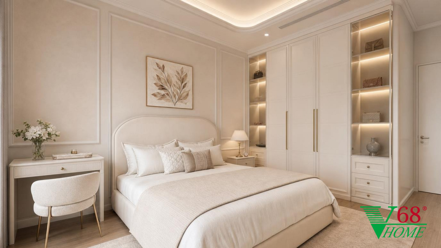 Phòng ngủ 3 Tân cổ điển nội thất tân cổ điển sơn trắng ngà, đá sáng màu bề mặt mờ, vải hoặc da tông kem và kim loại màu champagne tiết chế phối cảnh 3D V68 Home