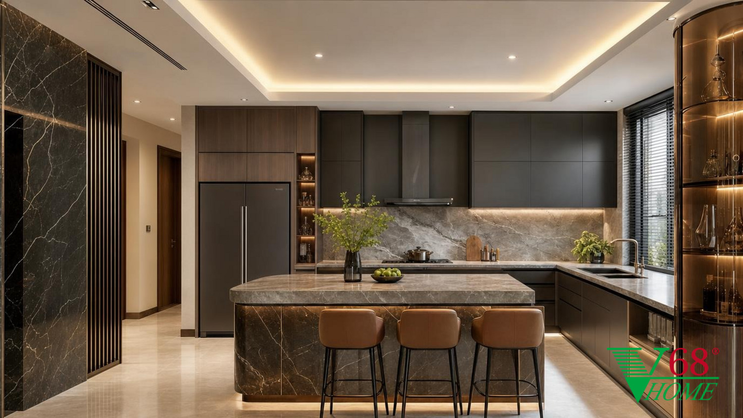 Phòng bếp Hiện đại sang trọng nội thất biệt thự hiện đại gỗ hoàn thiện mờ, đá tự nhiên, da, kính và