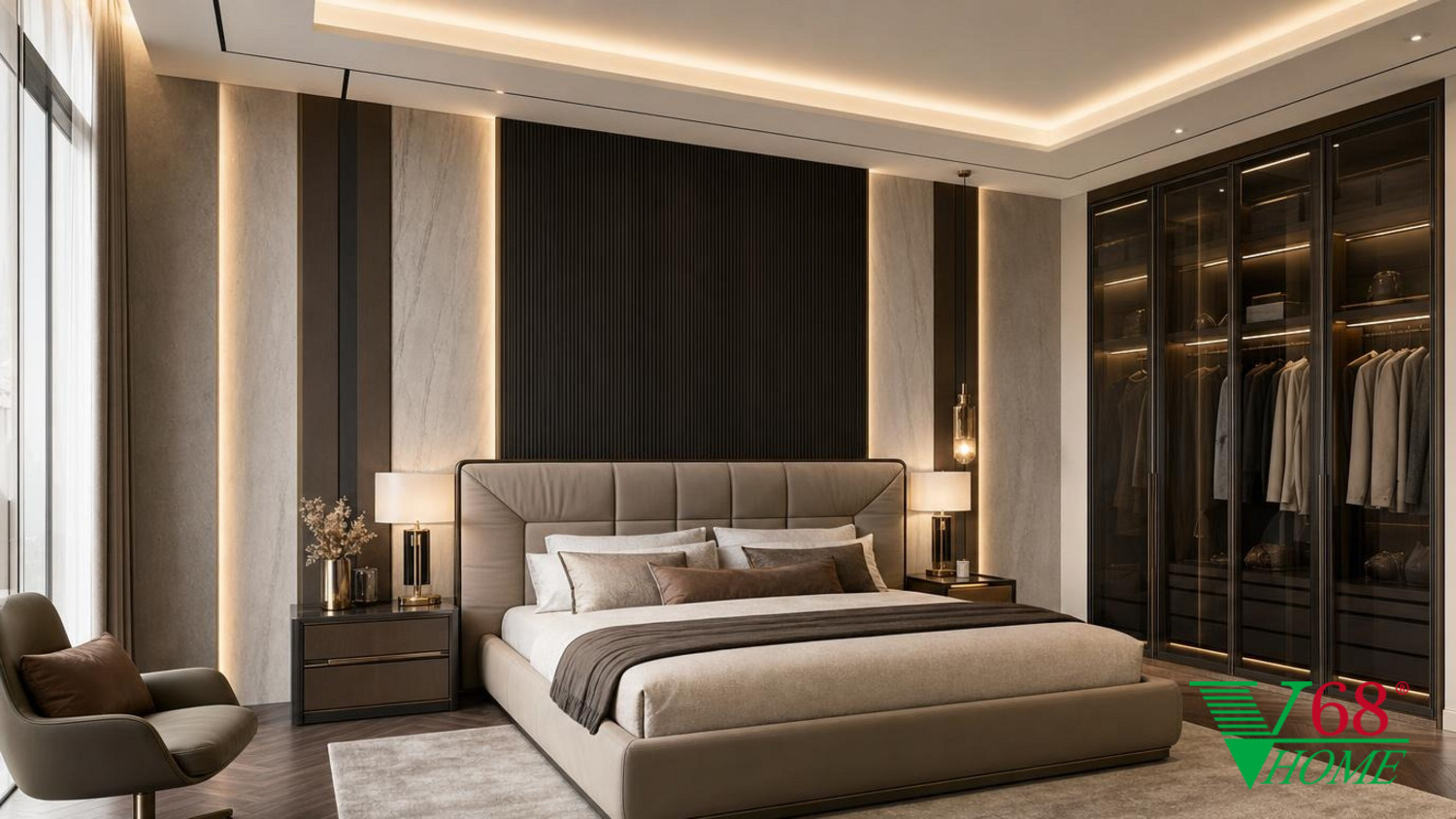 Phòng ngủ 1 Hiện đại sang trọng gỗ hoàn thiện mờ, đá tự nhiên, da, kính và kim loại cao cấp V68