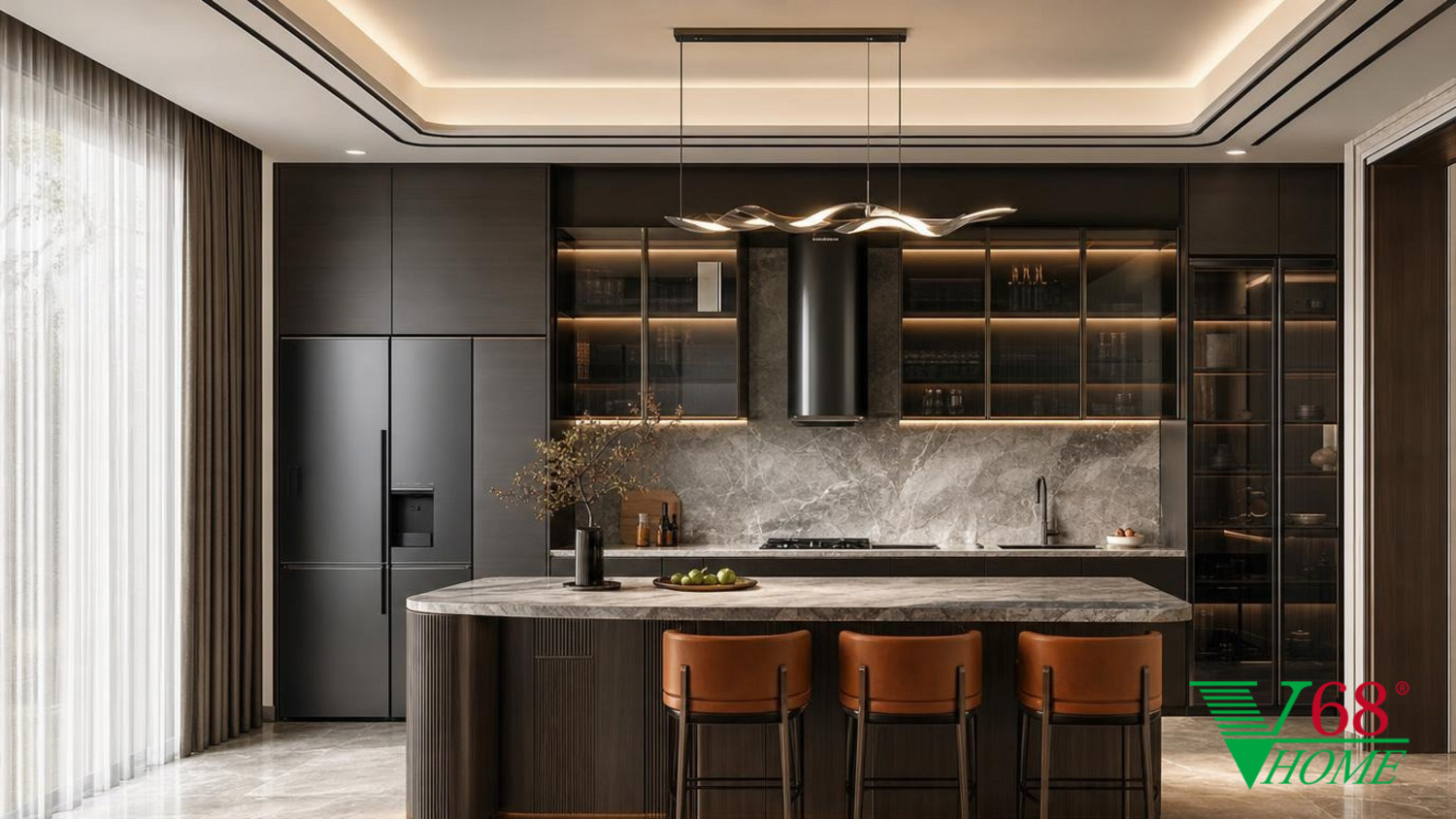Phòng bếp Hiện đại sang trọng Nội thất căn hộ Penhouse gỗ hoàn thiện mờ, đá tự nhiên, da, kính và kim