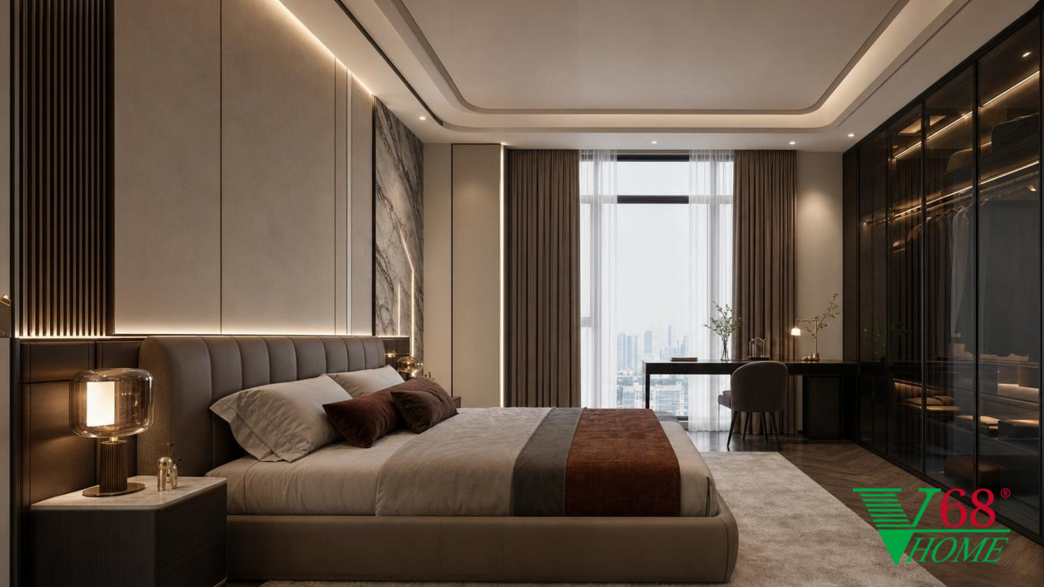 Phòng ngủ 2 Hiện đại sang trọng gỗ hoàn thiện mờ, đá tự nhiên, da, kính và kim loại cao cấp V68
