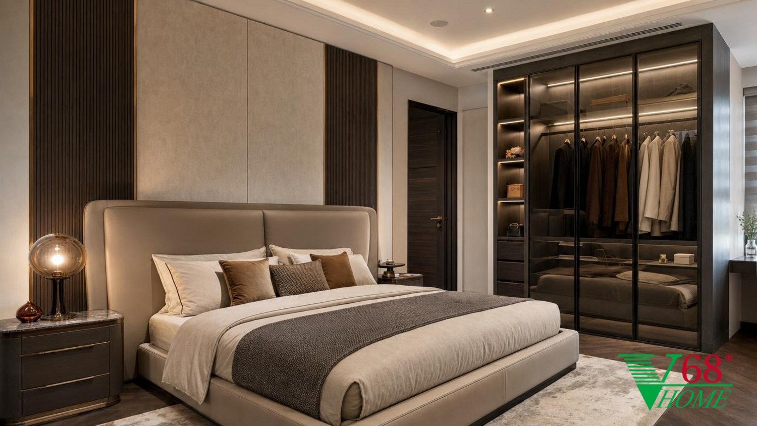 Phòng ngủ 3 Hiện đại sang trọng gỗ hoàn thiện mờ, đá tự nhiên, da, kính và kim loại cao cấp V68