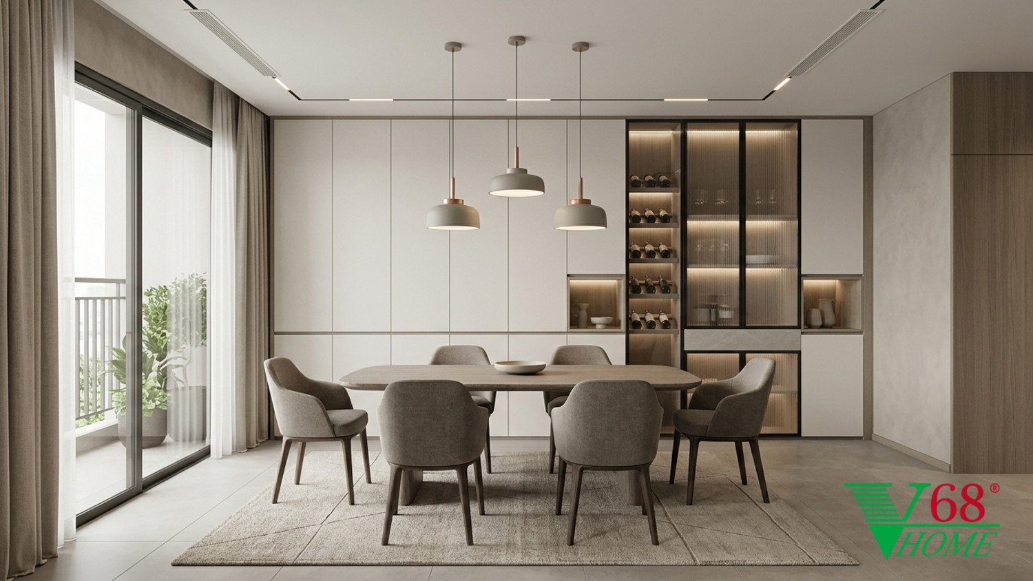 Phòng ăn Hiện đại ấm áp gỗ hoàn thiện mờ, đá, vải dệt, da và kính V68 Home