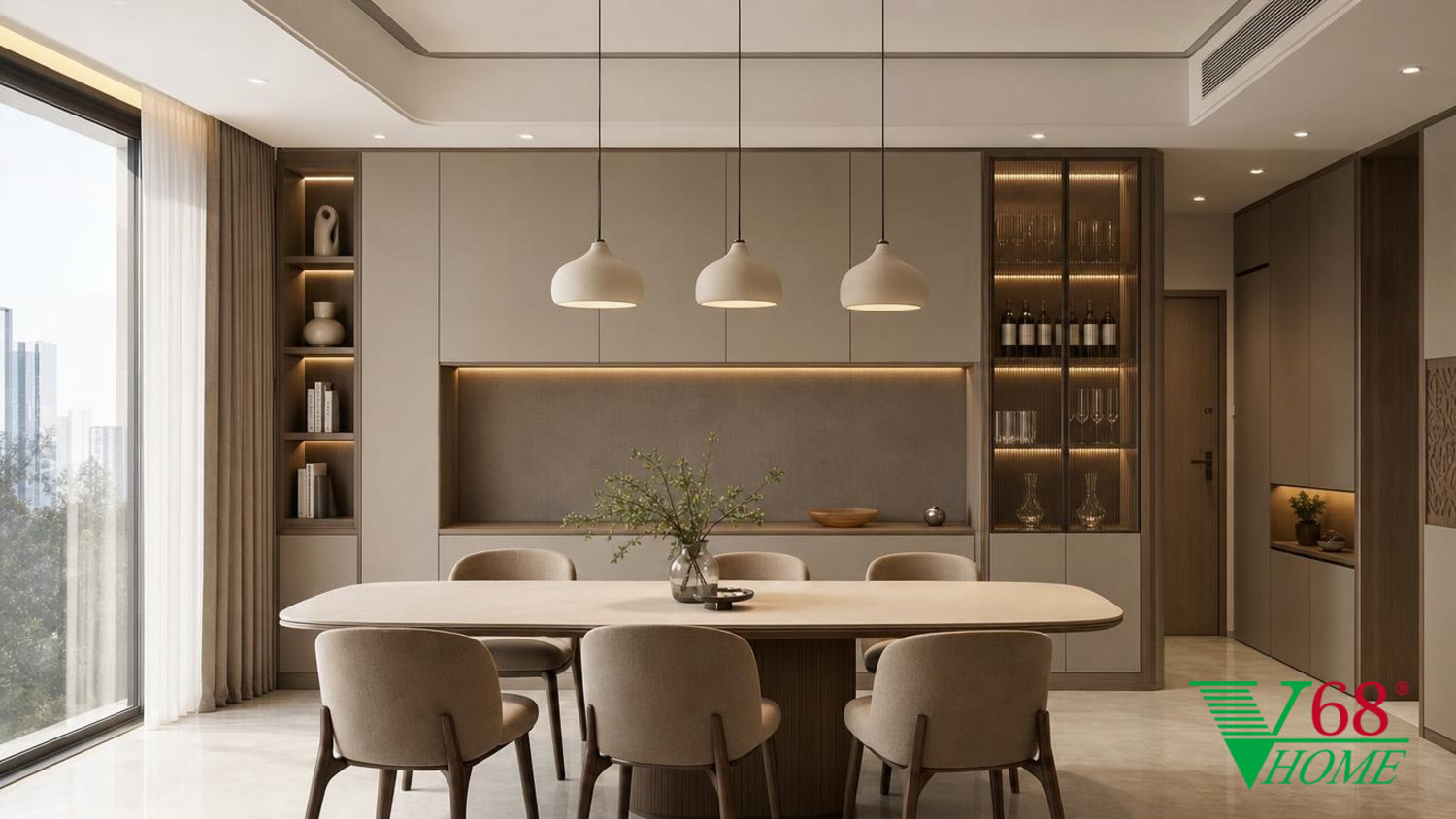 Phòng ăn Hiện đại ấm áp gỗ hoàn thiện mờ, đá, vải dệt, da và kính V68 Home