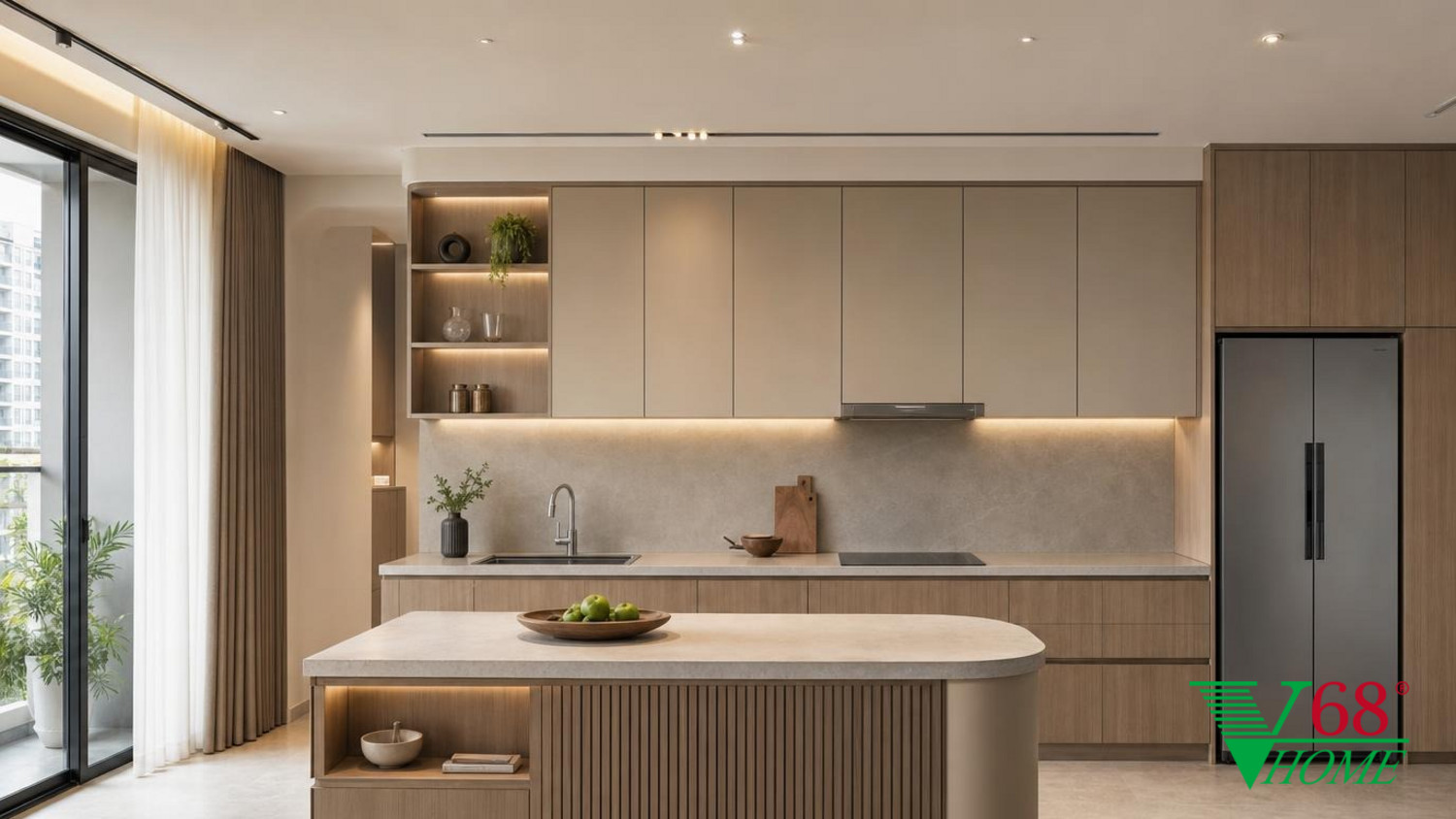 Phòng bếp Hiện đại ấm áp nội thất chung cư hiện đại gỗ hoàn thiện mờ, đá, vải dệt, da và kính