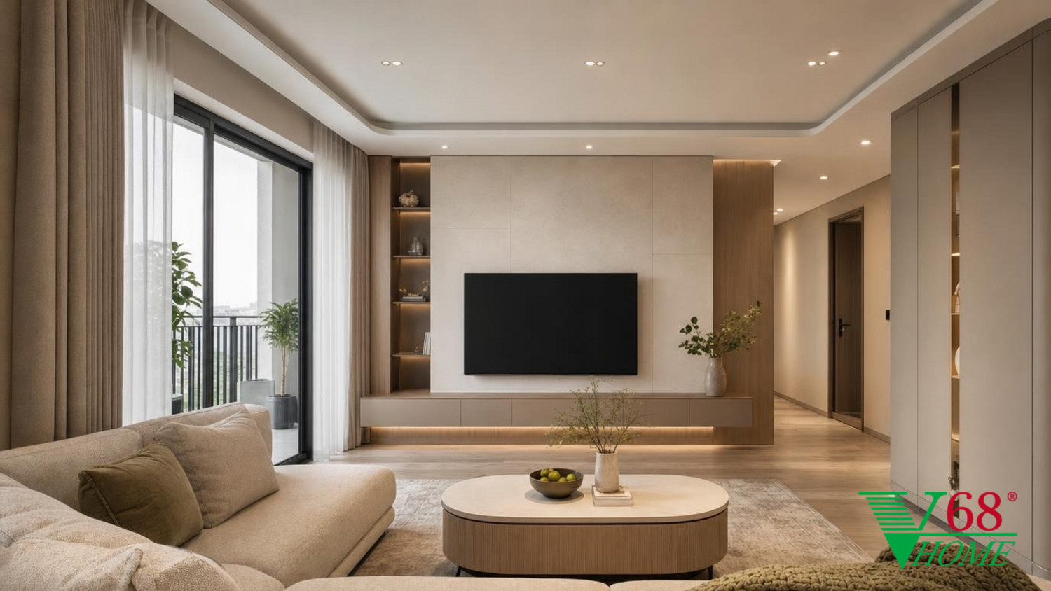 Phòng khách Hiện đại ấm áp nội thất chung cư hiện đại gỗ hoàn thiện mờ, đá, vải dệt, da và kính