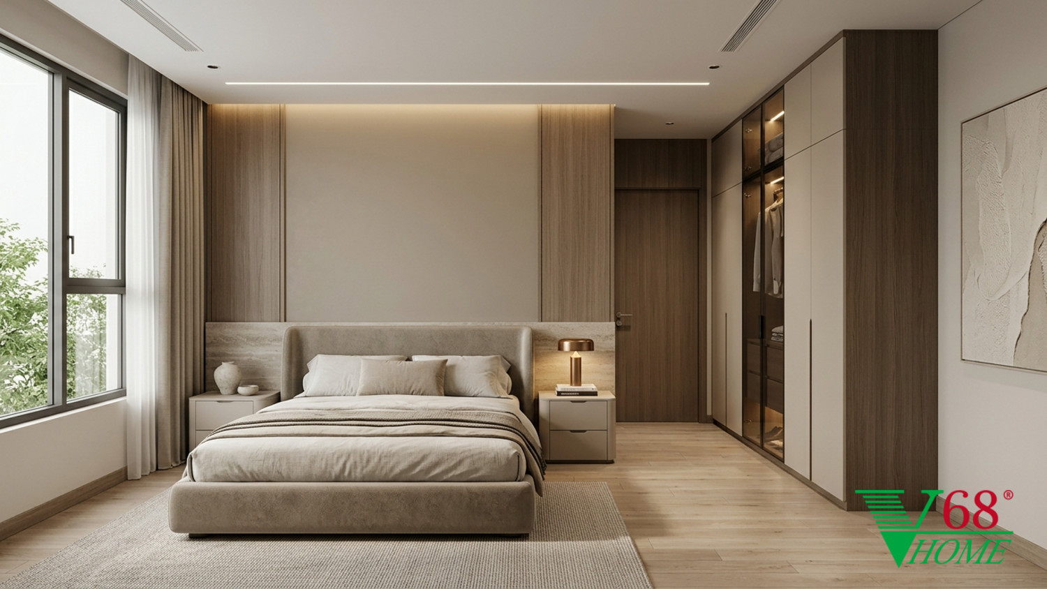 Phòng ngủ 1 Hiện đại ấm áp gỗ hoàn thiện mờ, đá, vải dệt, da và kính V68 Home