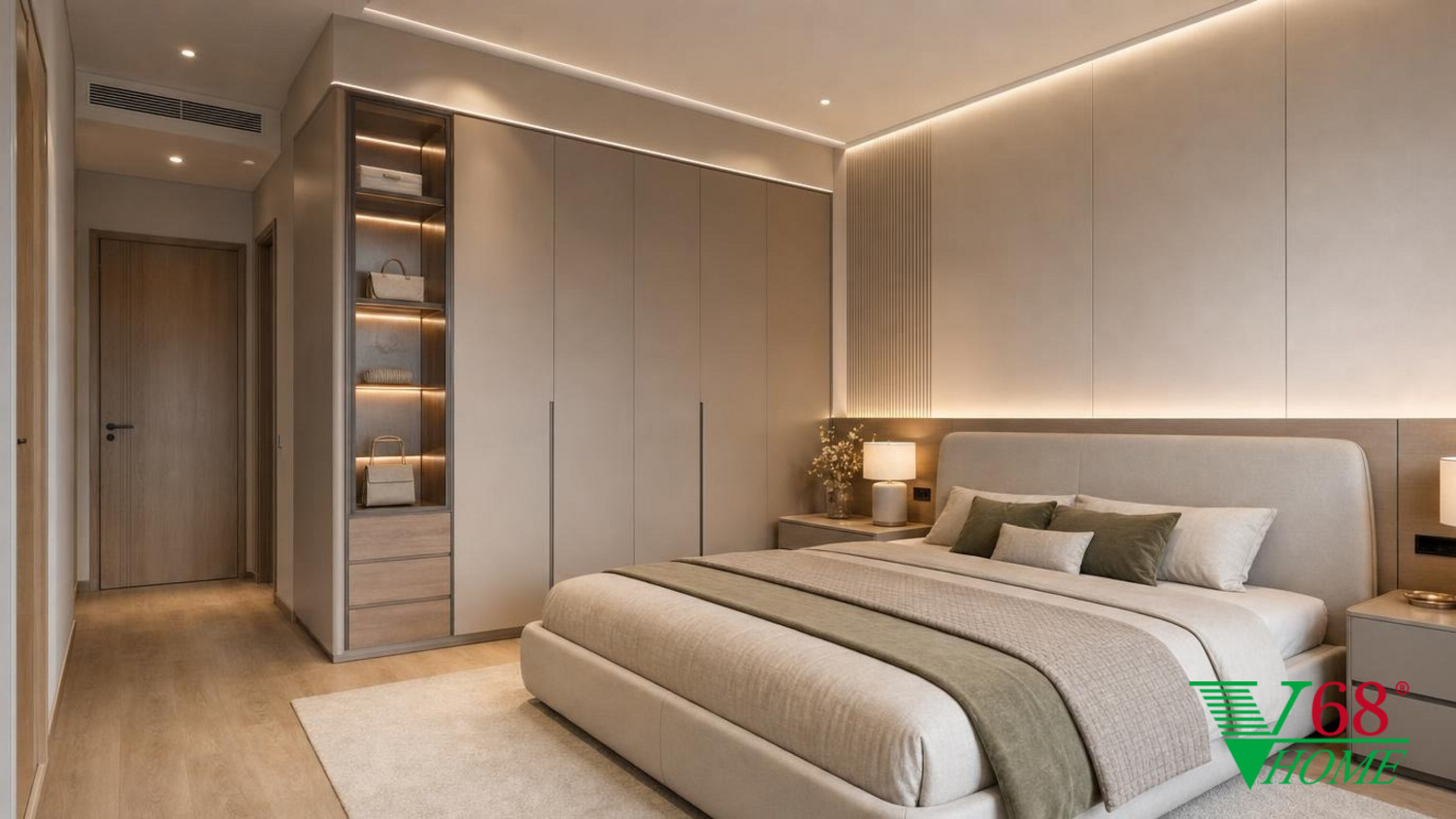 Phòng ngủ 1 Hiện đại ấm áp gỗ hoàn thiện mờ, đá, vải dệt, da và kính V68 Home