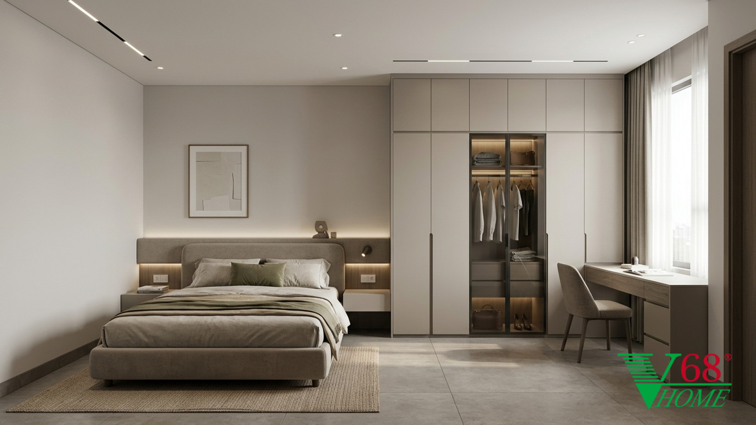 Phòng ngủ 2 Hiện đại ấm áp gỗ hoàn thiện mờ, đá, vải dệt, da và kính V68 Home