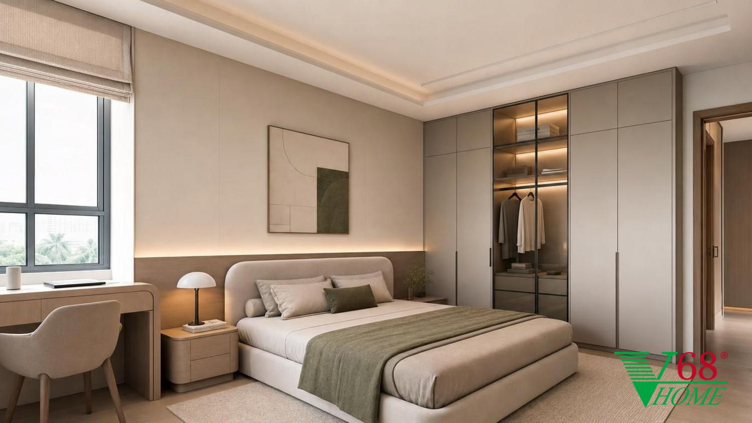 Phòng ngủ 2 Hiện đại ấm áp gỗ hoàn thiện mờ, đá, vải dệt, da và kính V68 Home