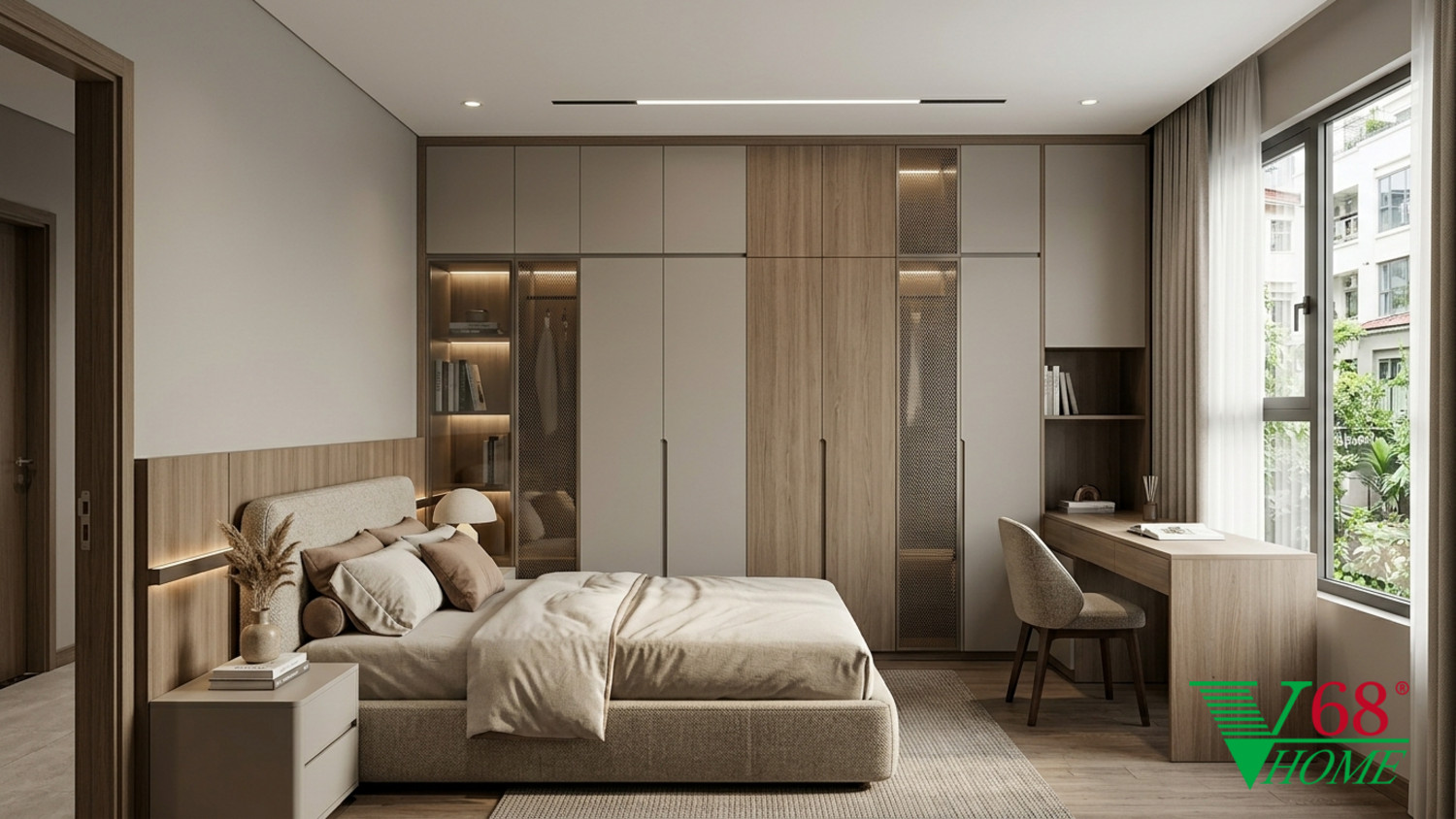 Phòng ngủ 3 Hiện đại ấm áp gỗ hoàn thiện mờ, đá, vải dệt, da và kính V68 Home