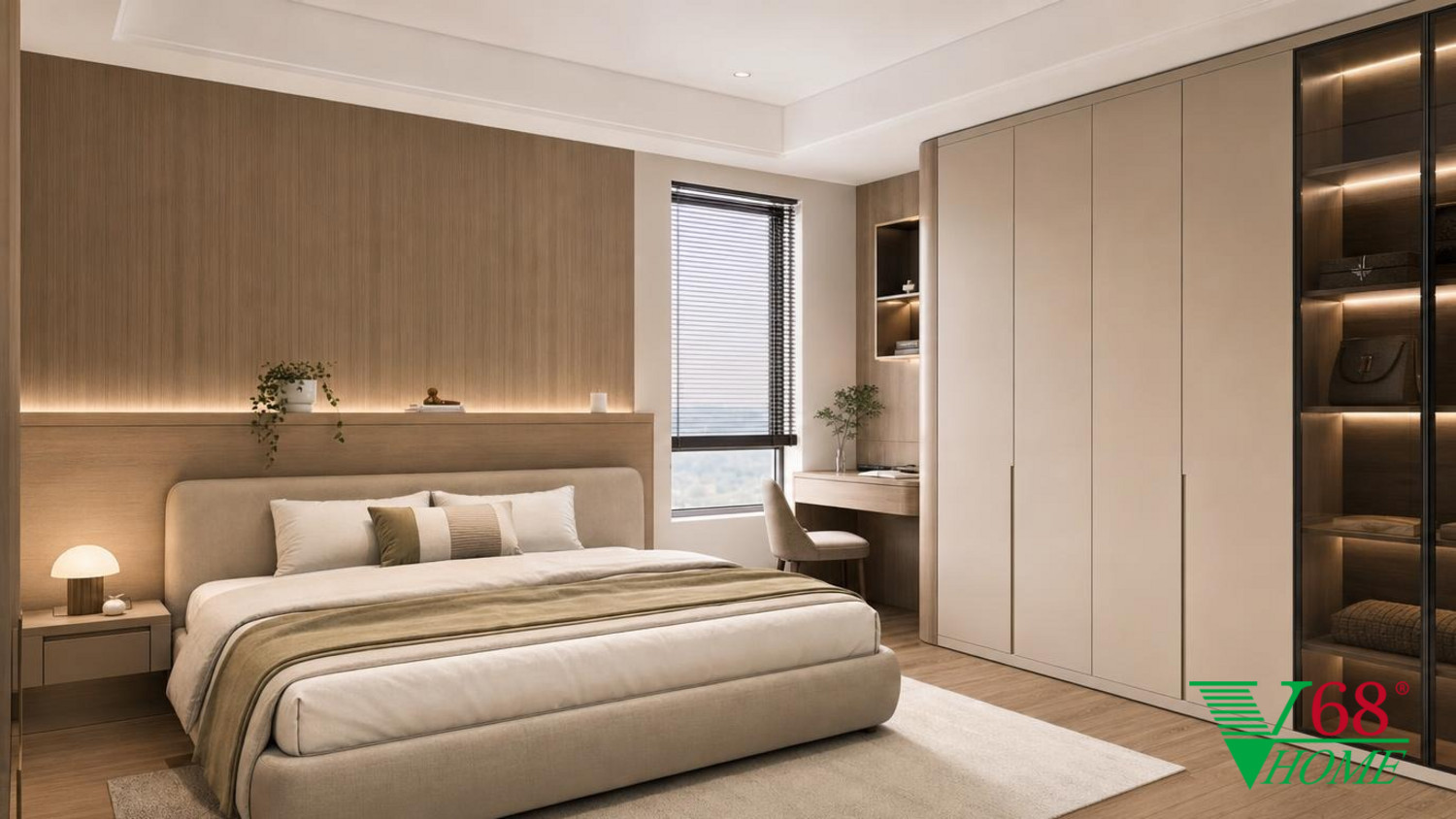 Phòng ngủ 3 Hiện đại ấm áp gỗ hoàn thiện mờ, đá, vải dệt, da và kính V68 Home