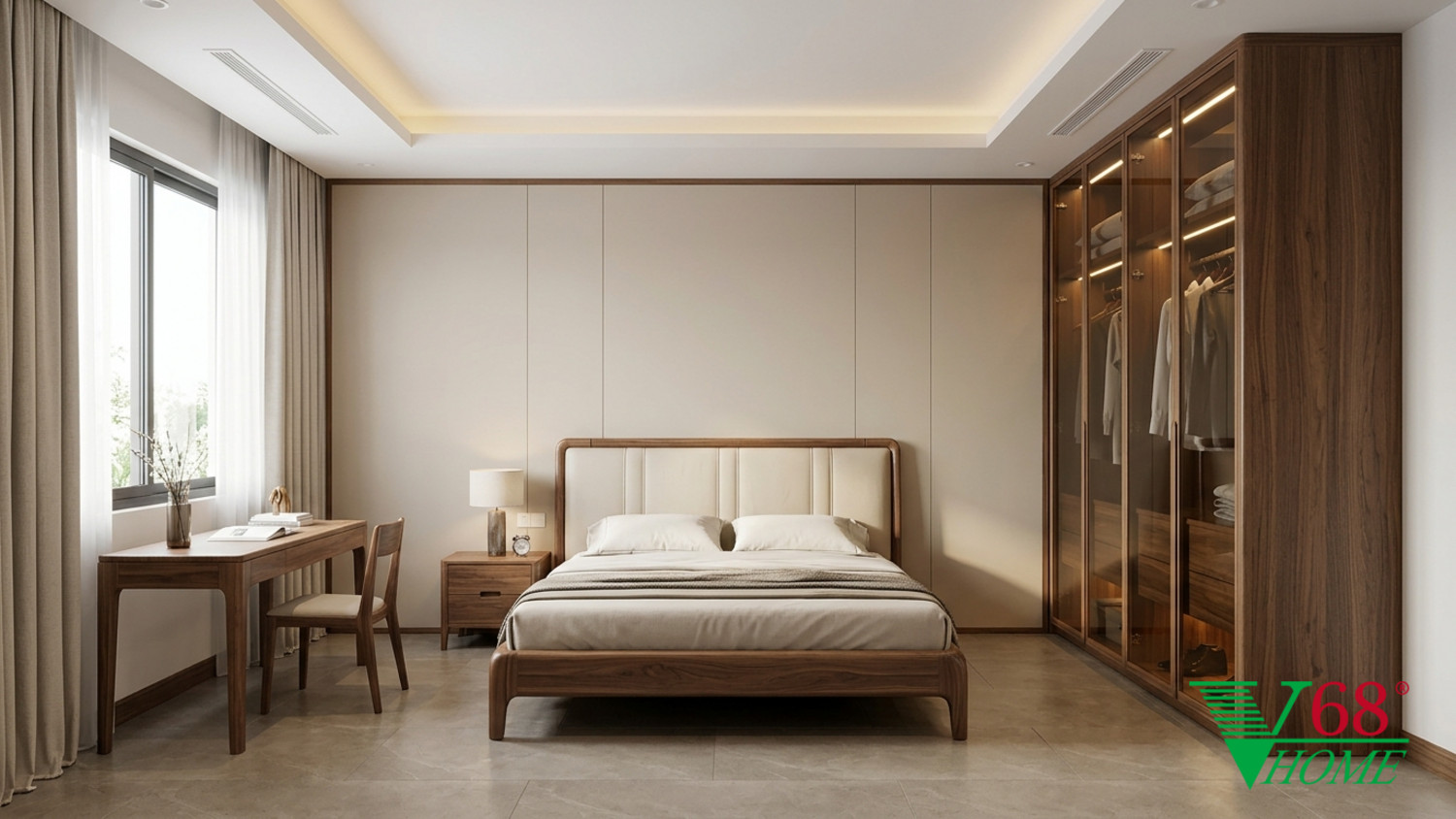 Phòng ngủ 2 Gỗ óc chó tự nhiên Bắc Mỹ gỗ óc chó tự nhiên, da bò, kính màu trà, đá tự