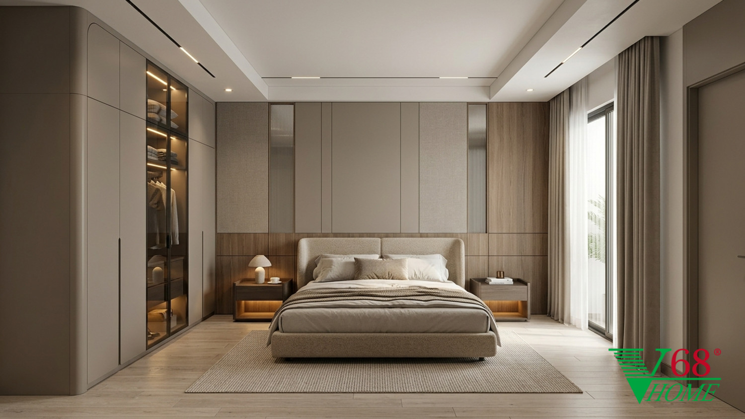 Phòng ngủ 1 Hiện đại ấm áp gỗ hoàn thiện mờ, đá, vải dệt, da và kính V68 Home