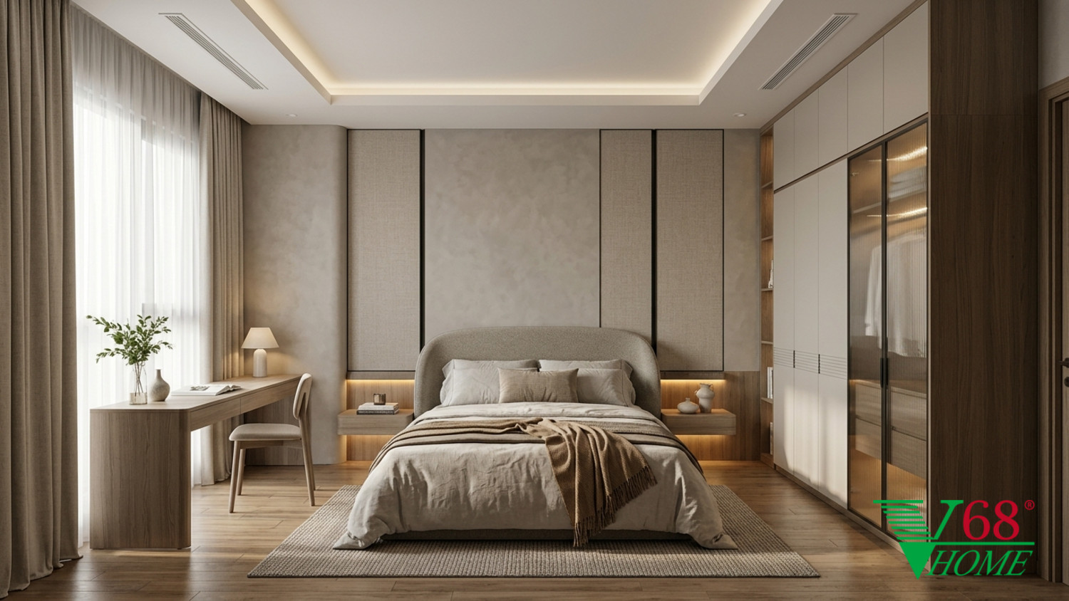 Phòng ngủ 2 Hiện đại ấm áp gỗ hoàn thiện mờ, đá, vải dệt, da và kính V68 Home