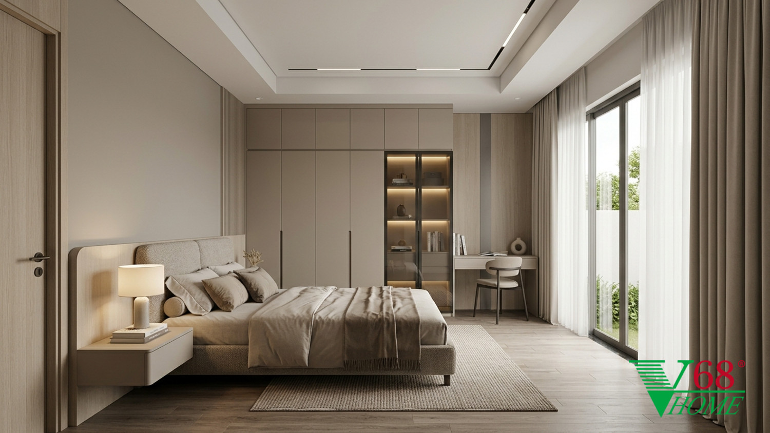 Phòng ngủ 3 Hiện đại ấm áp gỗ hoàn thiện mờ, đá, vải dệt, da và kính V68 Home