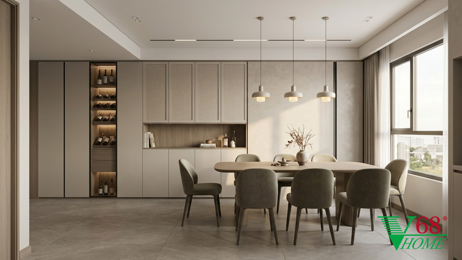 Phòng ăn Hiện đại ấm áp gỗ hoàn thiện mờ, đá, vải dệt, da và kính V68 Home