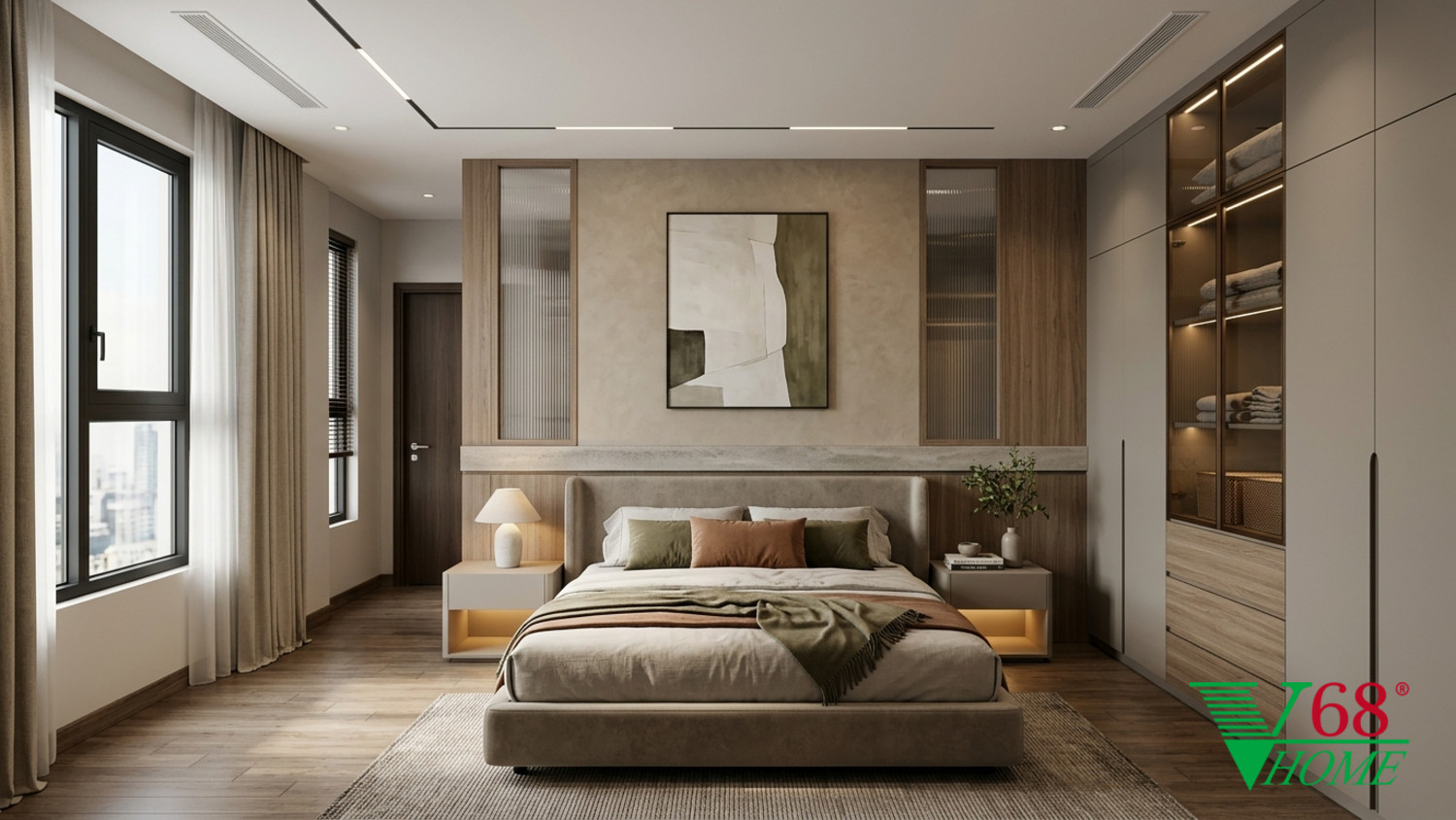 Phòng ngủ 1 Hiện đại ấm áp gỗ hoàn thiện mờ, đá, vải dệt, da và kính V68 Home