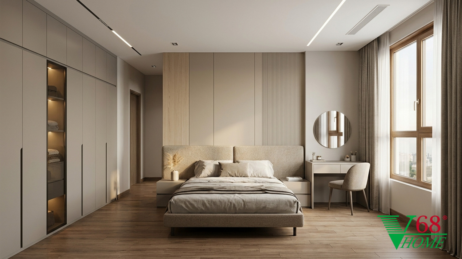 Phòng ngủ 2 Hiện đại ấm áp gỗ hoàn thiện mờ, đá, vải dệt, da và kính V68 Home