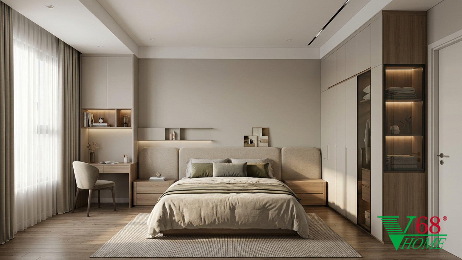 Phòng ngủ 3 Hiện đại ấm áp gỗ hoàn thiện mờ, đá, vải dệt, da và kính V68 Home
