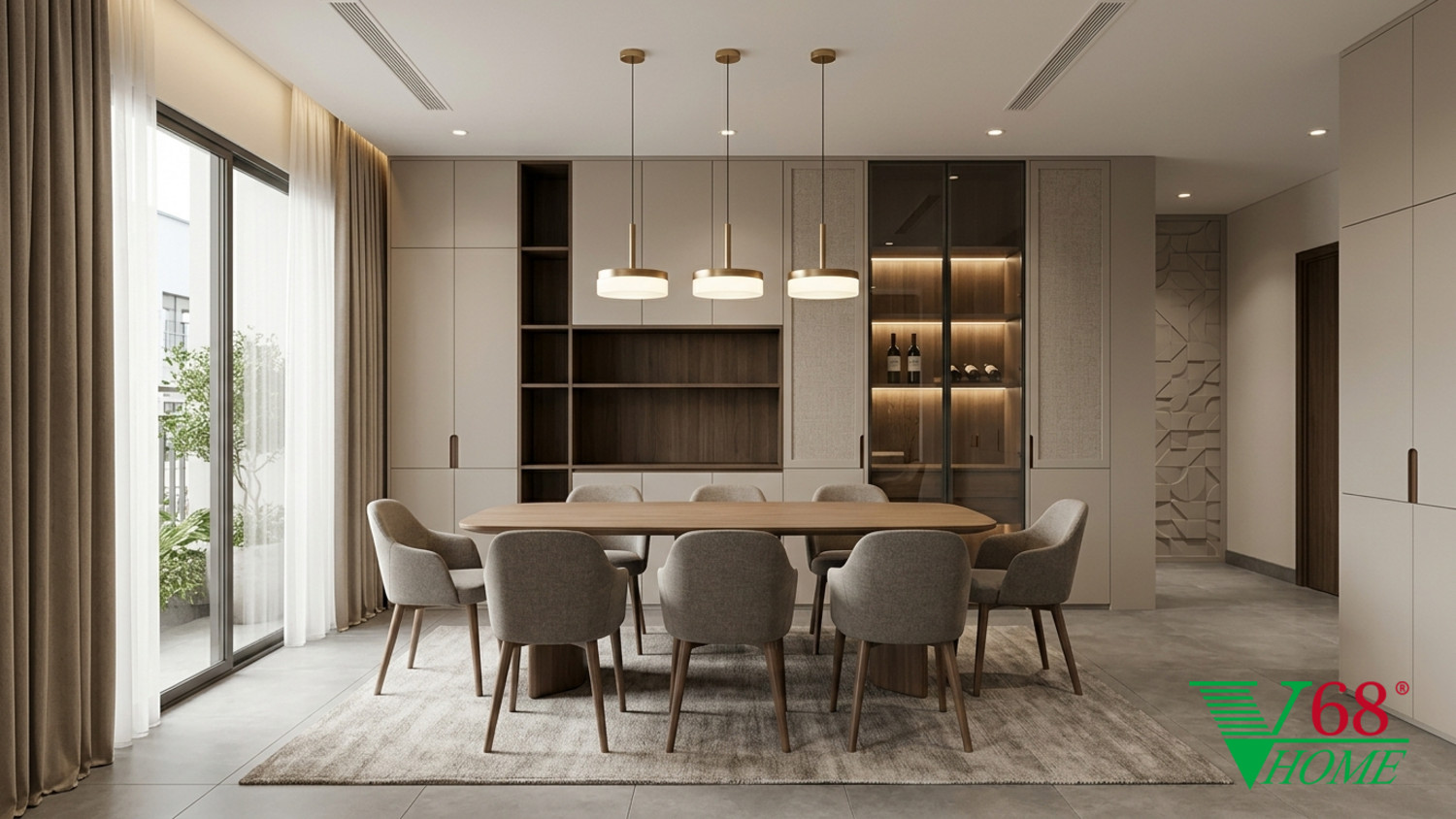 Phòng ăn Hiện đại ấm áp gỗ hoàn thiện mờ, đá, vải dệt, da và kính V68 Home