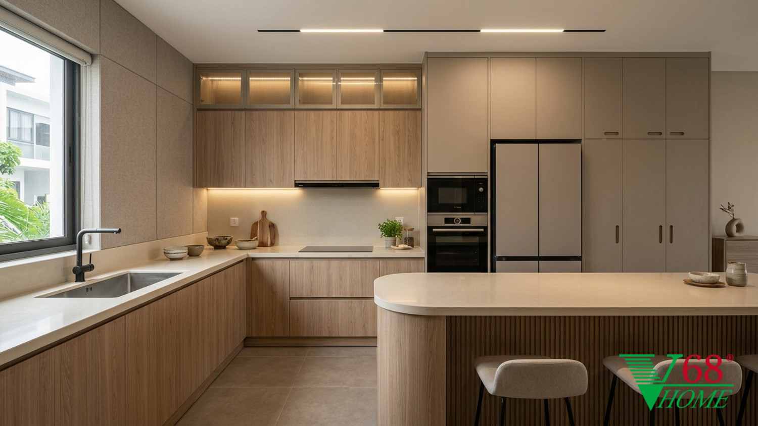Phòng bếp Hiện đại ấm áp thiết kế nội thất duplex gỗ hoàn thiện mờ, đá, vải dệt, da và kính V68
