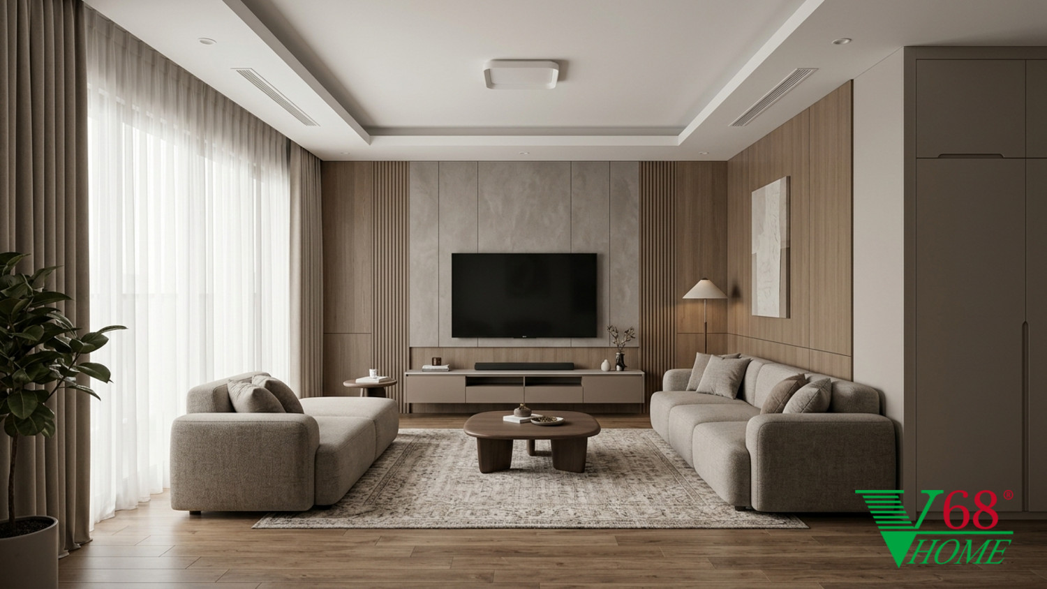 Phòng khách Hiện đại ấm áp thiết kế nội thất duplex gỗ hoàn thiện mờ, đá, vải dệt, da và kính V68