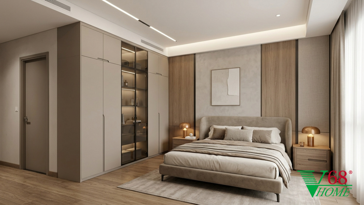 Phòng ngủ 1 Hiện đại ấm áp gỗ hoàn thiện mờ, đá, vải dệt, da và kính V68 Home